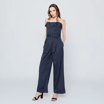 TWOTWINSTYLE Striped Jumpsuits Female Strapless High Waist With Sashes Ruched Wide Leg Trouser Womens Spring Fashion OL Clothing 1