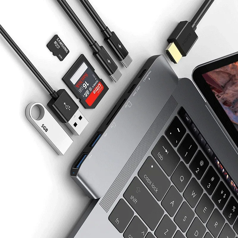  7in1 USB-C Hub Dual Type-C Multiport Card Reader Adapter 4K HDMI For MacBook Pro