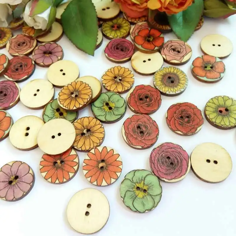 10 X WOODEN CRAFT SEWING BUTTON 20MM FLOWER OR STRIPES EMBELLISHMENT