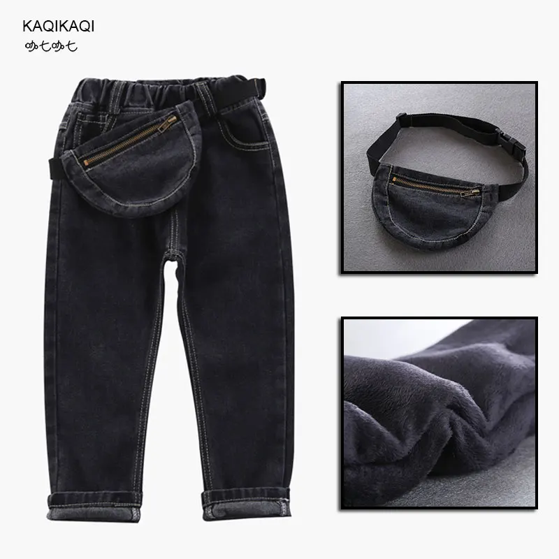 

2018 New Winter Kids Plus Velvet Thick Jeans Children Casual Warm Denim Trousers +Waist Bag Girls Fashion Thicking Pants 4-10Y