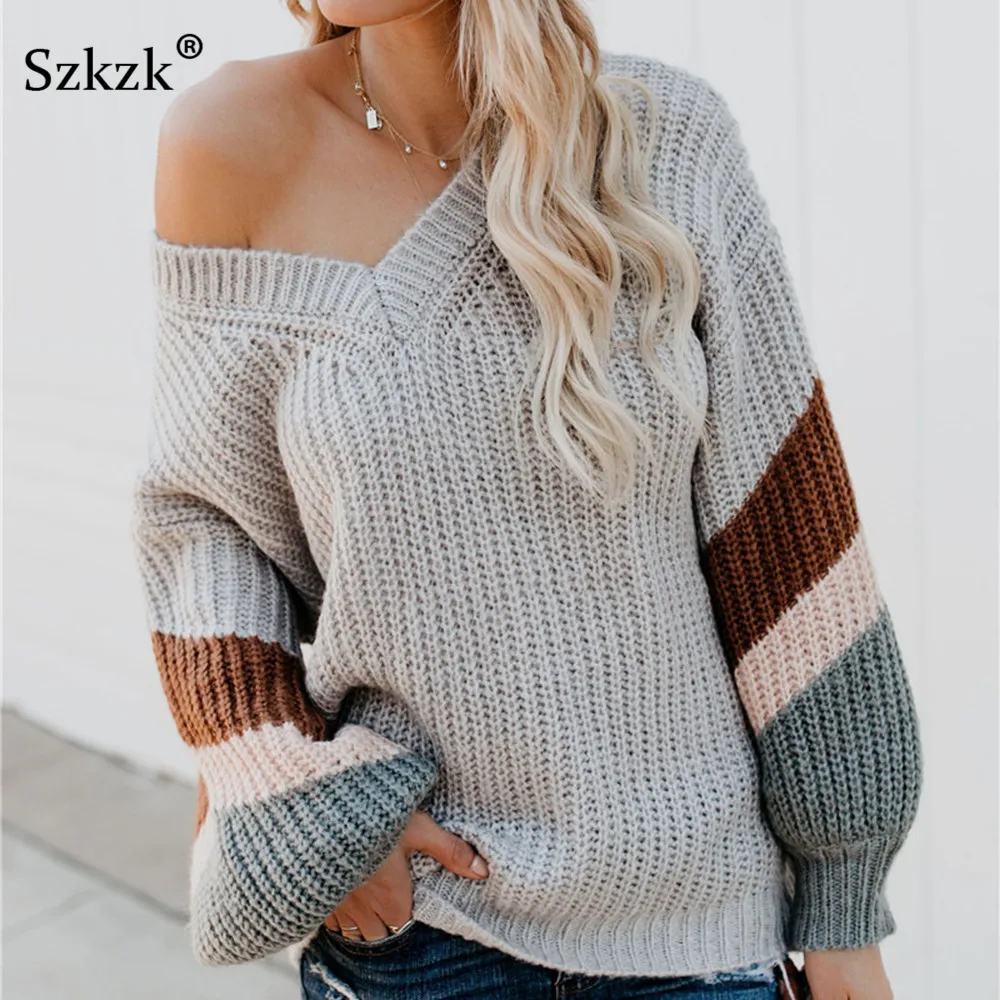 Szkzk цвет блок трикотаж осень джемпер свободный свитер женщина зима пуловер фонарь длинный рукав вязаный Топ V шеи свитера