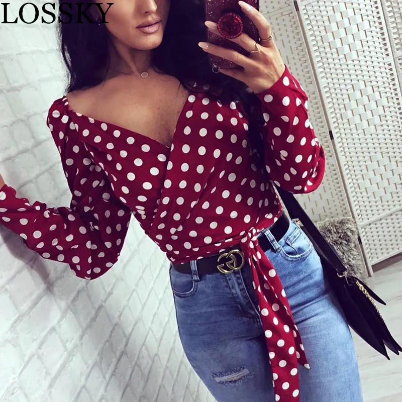 

Off Shoulder Polka Dot Blouse Shirt Sexy V Neck Long Sleeve Women's Summer Elegant Lace Up Blouses Shirts Ladies Wrap Shirt Tops