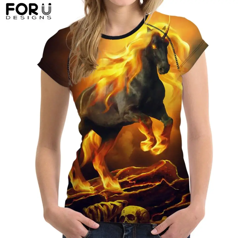 

FORUDESIGNS Brown Horse Print Summer T-shirts for Women Lady Tee Tops Casual Short Sleeved Cool Fire Horse Tshirt Tops 2019