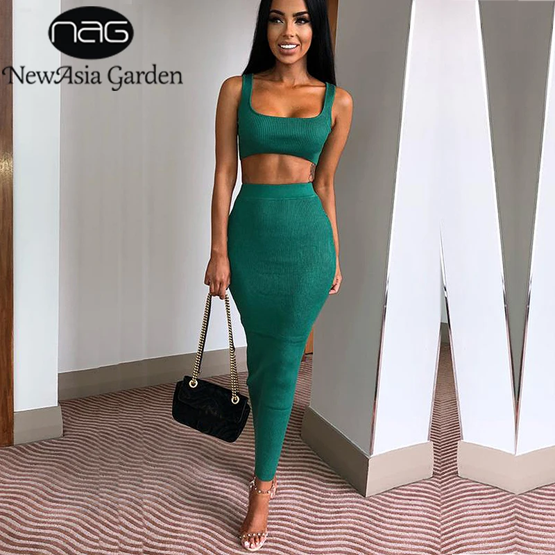 Baratos NewAsia jardín acanalado vestido de invierno blanco mujeres vestido ajustado dos piezas Rosa otoño vestido largo Midi Sexy vestidos Club desgaste negro