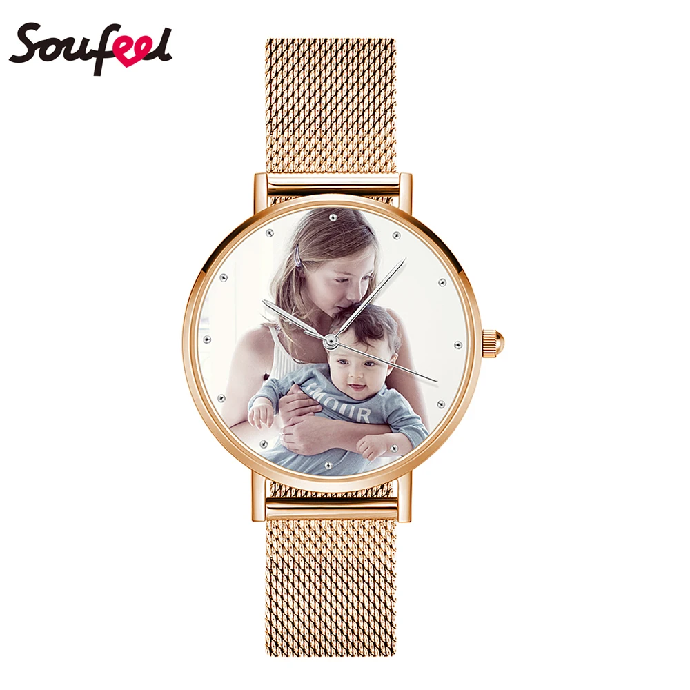 

SOUFEEL Couple Watch with Photo Rose Gold Color Alloy Picture Watch Loves Gift 30 M Waterproof Wristwatch