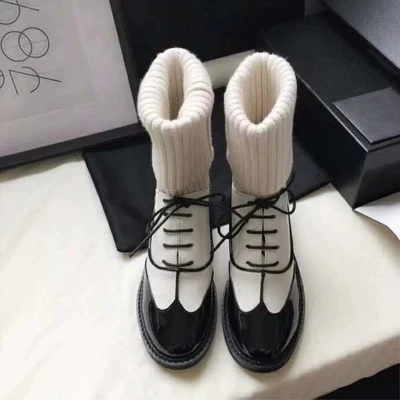 

Boots Women 2018 Women's New Knit Boots Women's Thick with Patent Leather Lace Martin Boots Flat Strap Sexy Designer Shoes