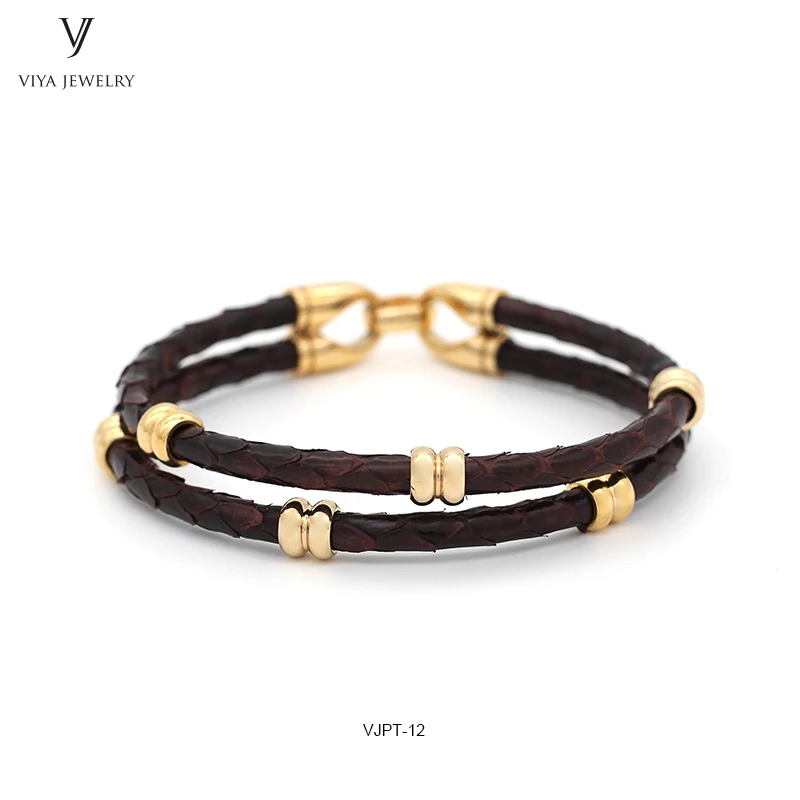 GENUINE PYTHON LEATHER MEN BRACELET WITH GOLD COLOR STAINLESS STEEL BEADS CLASP,BEST GIFT FOR MATCH UP WATCH (6)