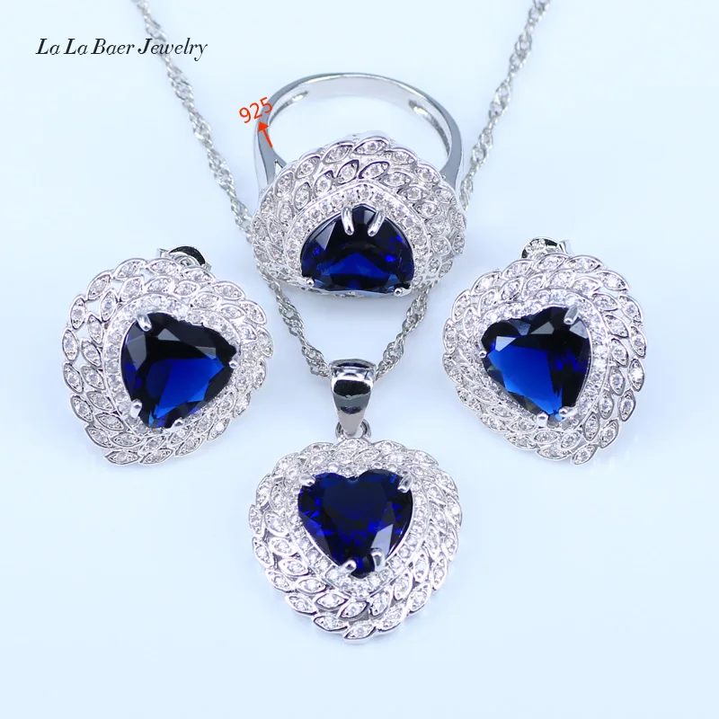 L&ampB Love Style Heart Blue Crystal 925 Stamp Silver Color Bridal Jewelry Sets For Women Pendant Necklace Earrings Rings | Украшения и