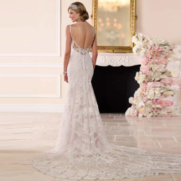 

Sexy backless wedding dress Spaghetti Straps vestido sereia noiva Elegant Mermaid Bridal Gowns Court train wedding dress