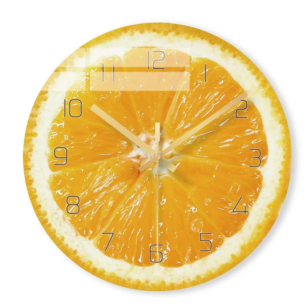 Orange Decorative Wall Clocks Fruits Digital Clock for Kitchen Silent Quartz Glass Hanging Watch