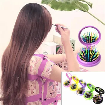 

1x New Mini Round Folding Comb with Mirror Magic Health Massage Brush Hair Comb