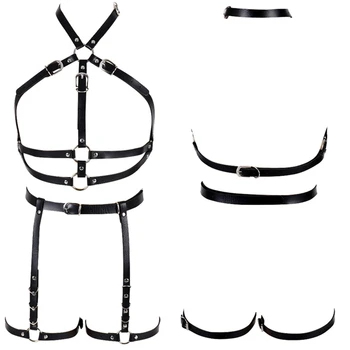 

Full Leather Body Harness Bra Sexy Lingerie Garter Belt Set Bondage Harajuku Punk Goth Dance Rave for Women Adjust Tops