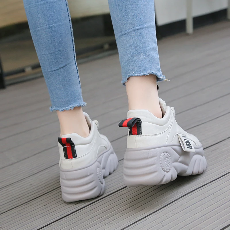 

2019 Fashion White Platform Sneakers Height Increasing 8cm Spring Ladies Casual Shoes Woman Platform Shoes Women