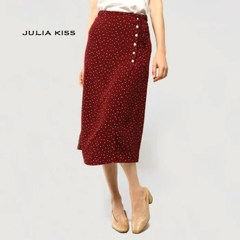 

Women Polka Dots Printing Side Buttons Overlap Skirt Long Skirts