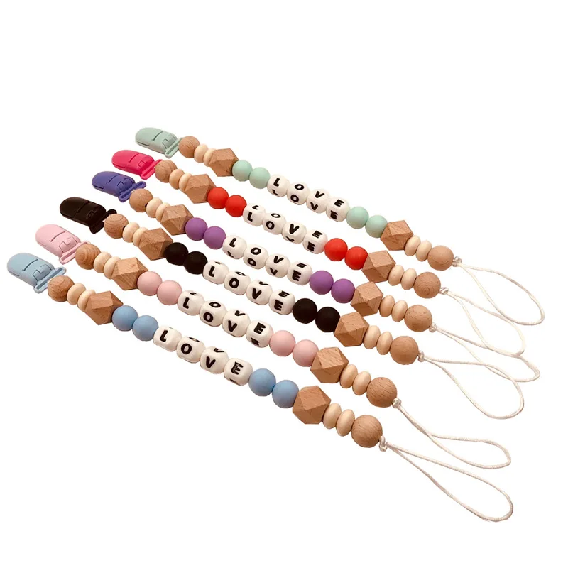 

persnalized name silicone bead teehing pacifier clip wood beads nurding clip paci toy woods clip baby shower gift