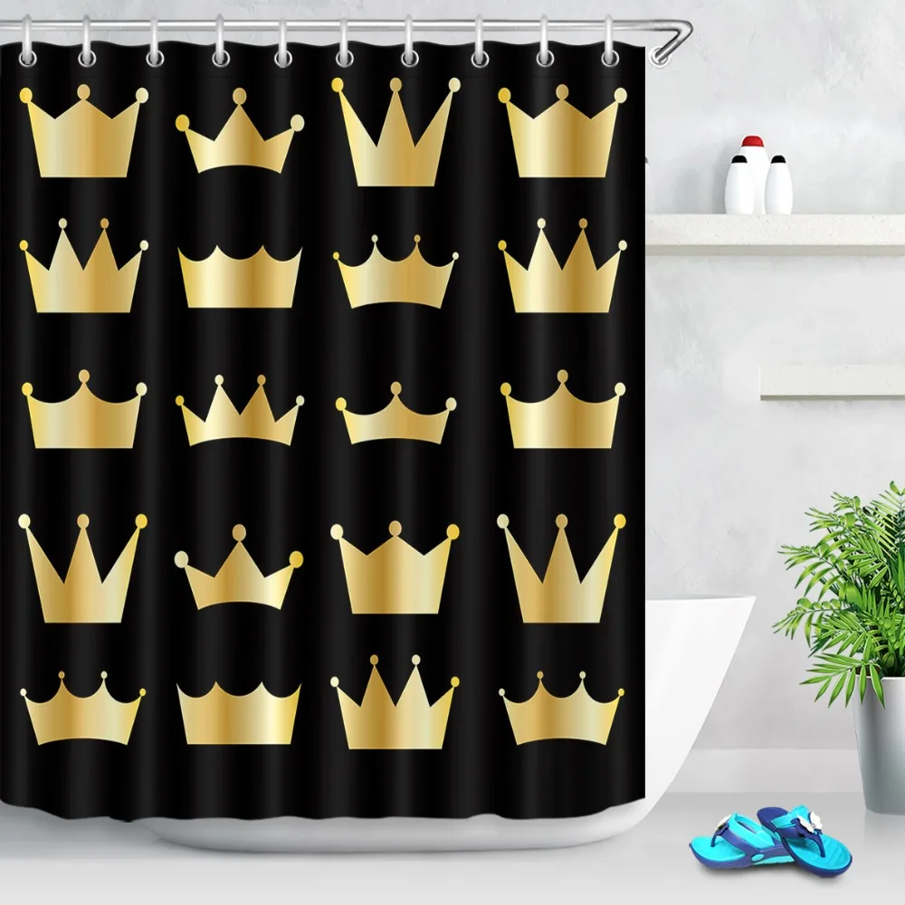 LB 72'' Waterproof Polyester Golden Crowns Print Black Shower Curtain