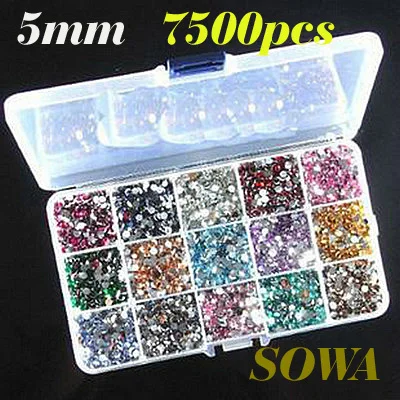무료 배송 15 그리드 드릴링 박스 + ss20 크기 5mm 7500 pcs 여러 가지 빛깔의 수지 비즈 flatback 15 색상 무작위로