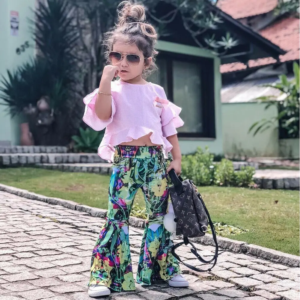 Summer Kids Baby Girl Clothes Ruffle Tops T-Shirt Flower Pants Outfits With Bow