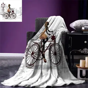 

Teen Room Decor Throw Young Girl in Paris Streets with Bike French Display Warm Microfiber Blanket
