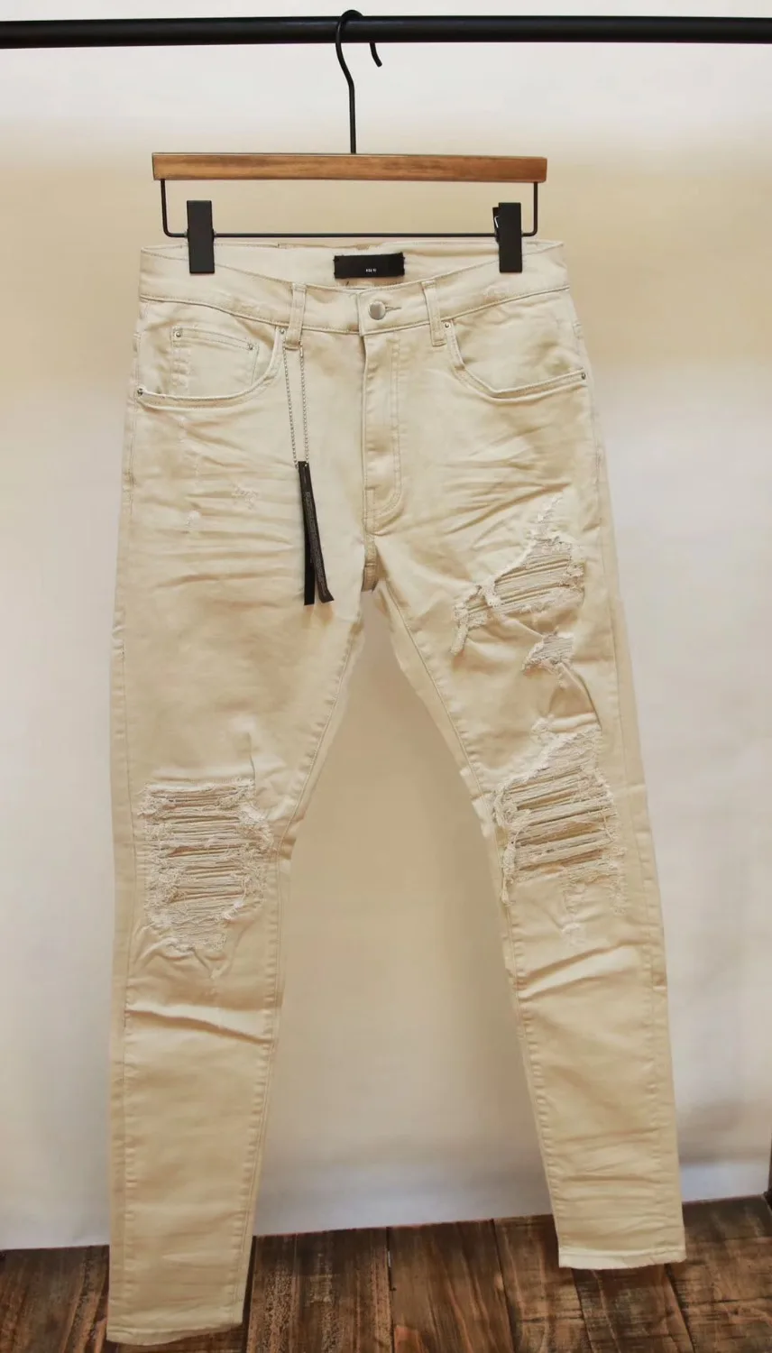 men stretch skinny distressed ribbed patch Lt Khaki jeans slim fit