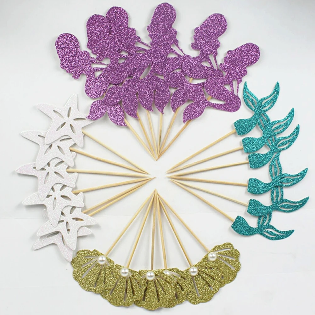 

Mermaid Cake Topper 24Pcs Seashell Cake Pick Birthday Party Cake Decor Starfish Mermaid Cupcake Topper Colorful