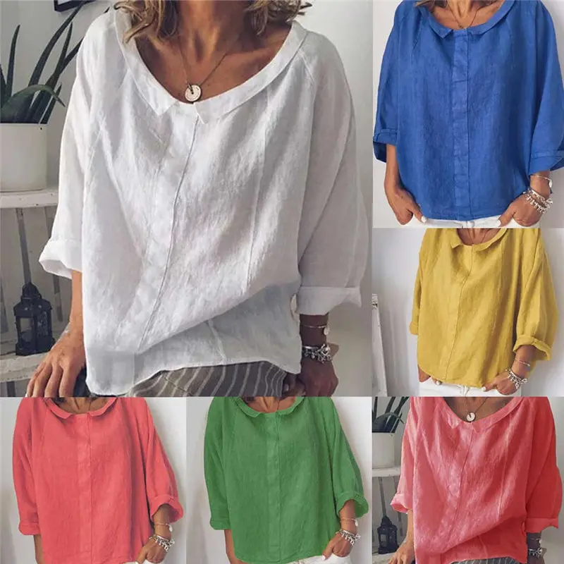 

Women Fashion Plus Size Solid Casual Linen Turtleneck T-Shirt Brand New Simple Style Loose Vintage Woman's Top mujer