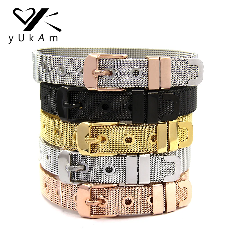 Ювелирные изделия YUKAM, женские массивные браслеты из нержавеющей стали с сеткой, скользящие шармы для самостоятельного изготовления украшений, браслеты серебро, розовое золото, черный