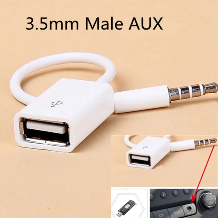 New Fashion White 3.5mm Male AUX Cable Audio Plug Jack To USB 2.0