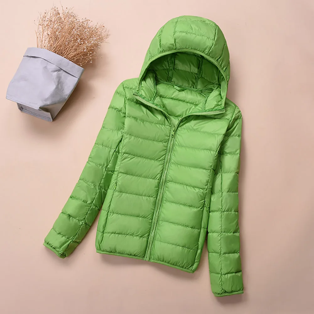 Зимние женские куртки, пальто Feamle, Осенний пуховик с капюшоном, ультра тонкий длинный рукав, тонкая теплая куртка, розовая Женская верхняя одежда, одежда - Цвет: Green