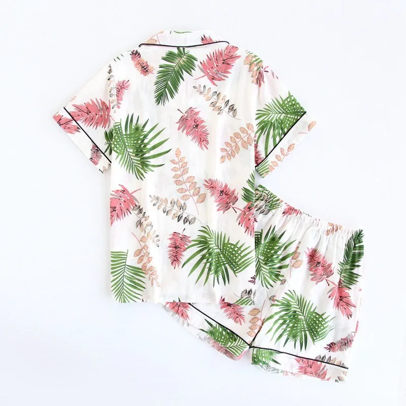 

Summer Print Pockets Turn-Down Collar Pajama Set Casual Short Sleeve Tops+Shorts Sleepwear Elastic Waist Bottom 2 Pieces Sets