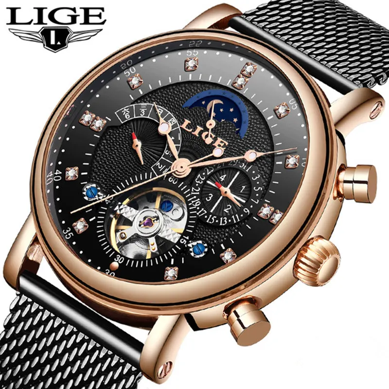 

2019 New LIGE Men's Watches Top Brand Luxury Fashion Automatic Mechanical Watch Men Mesh Stainless Steel Clock Relogio Masculino