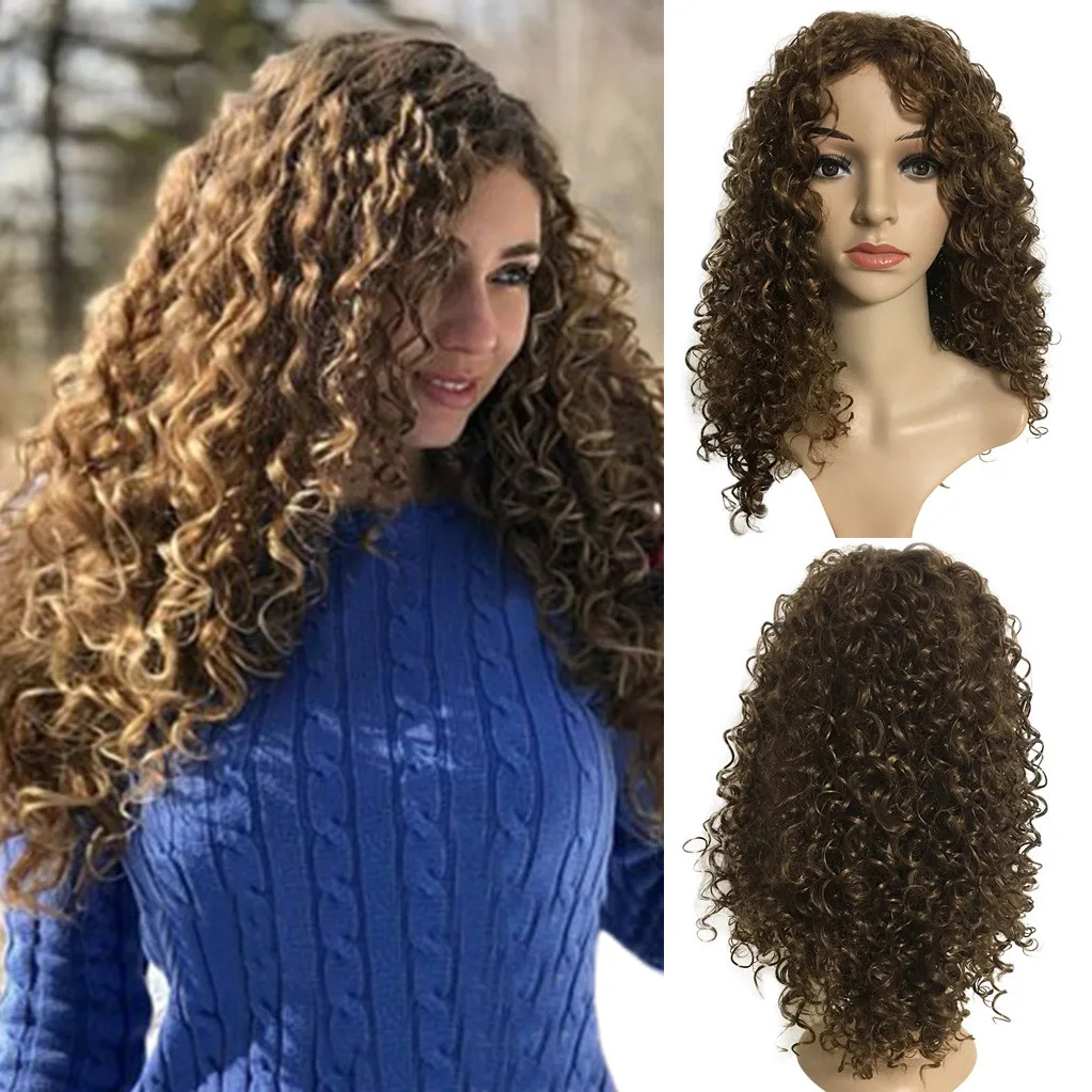 

Human Hair Wigs Brazilian Long Curly Wig For Black Women Hair Dark Brown Color Wavy Wigs Heat Resistant Fiber 2U81218