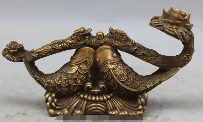 

S01494 10" Chinese Bronze Feng Shui Folk Dragon Flower Wealth Two Fish Statue Ru Yi B0403