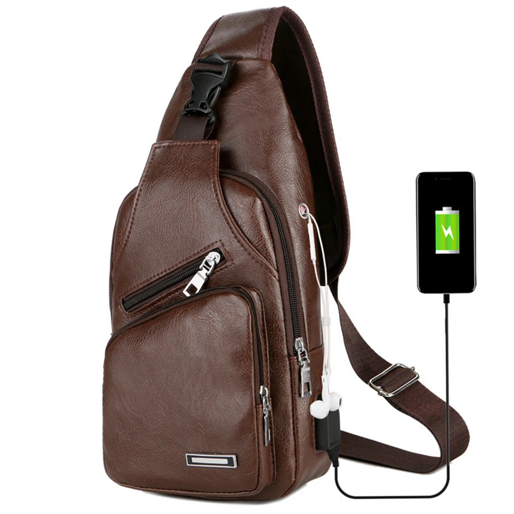 الترفيه جلد USB تهمة رجل حقيبة كتف سستة الرجال الصدر حزمة سماعة حفرة وظيفية السفر Crossbody حقائب جلدية