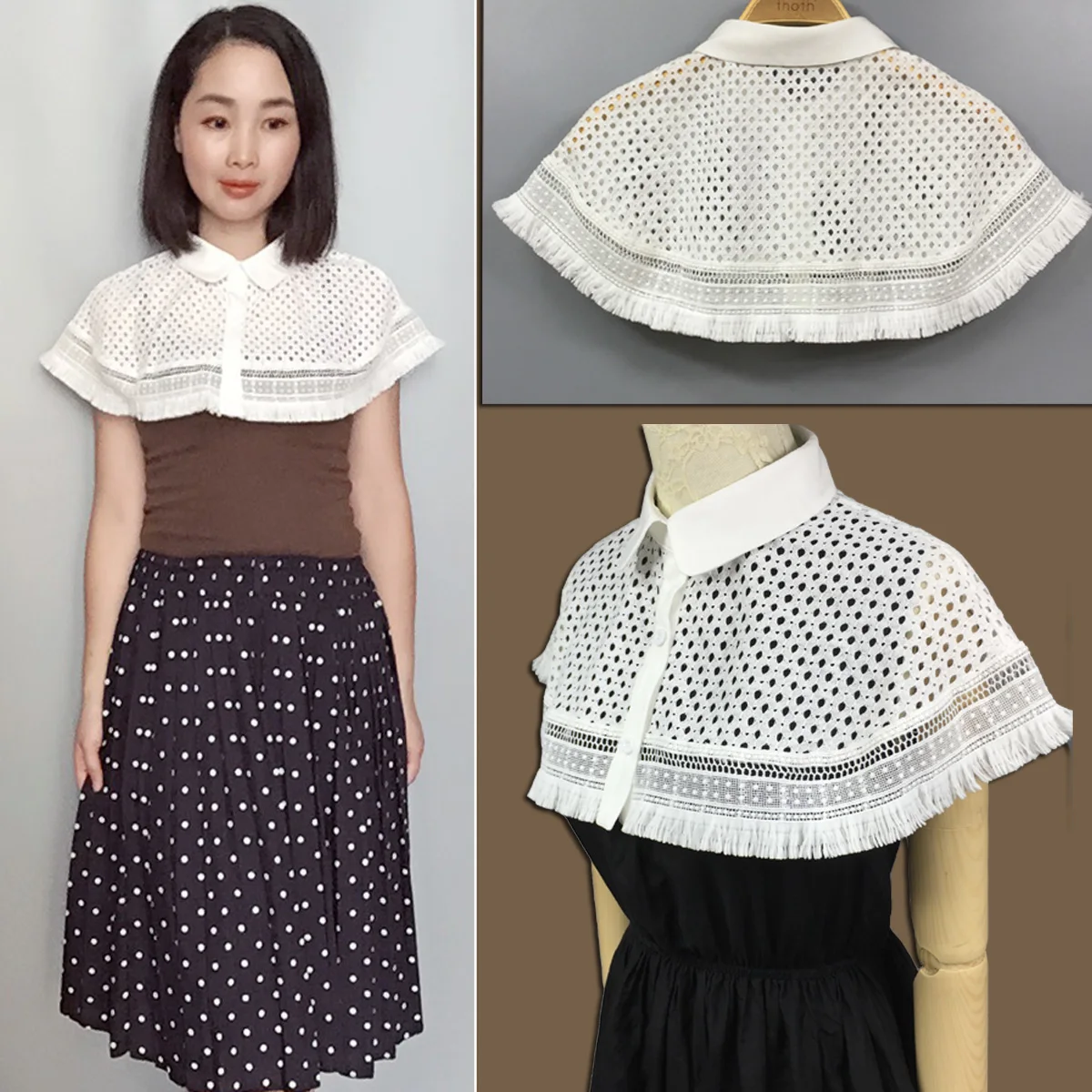 Оригинальная ручная работа ограниченная белая ручная роспись кружевная шаль с бахромой женская рубашка ложный воротник плащ