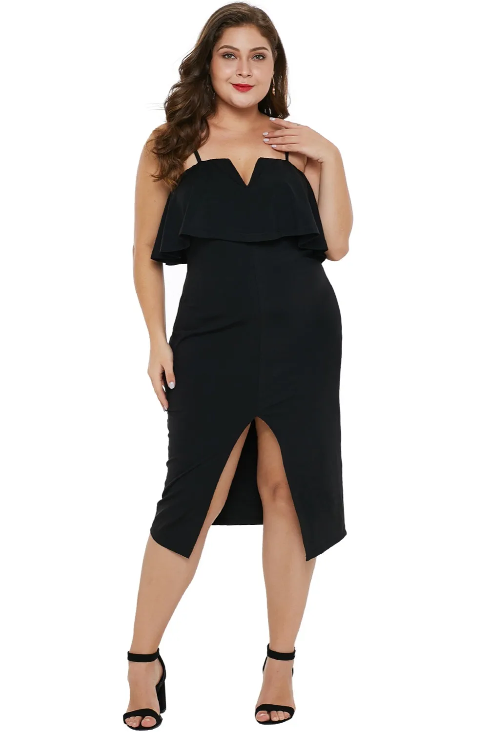 Black-Ruffle-Overlay-Slit-Front-Plus-Size-Dress-LC610931-2-3