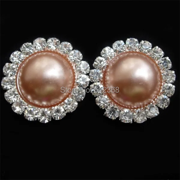 

Free shipping 50 pcs Brown DIY round metal rhinestone pearl button wedding embellishment headband