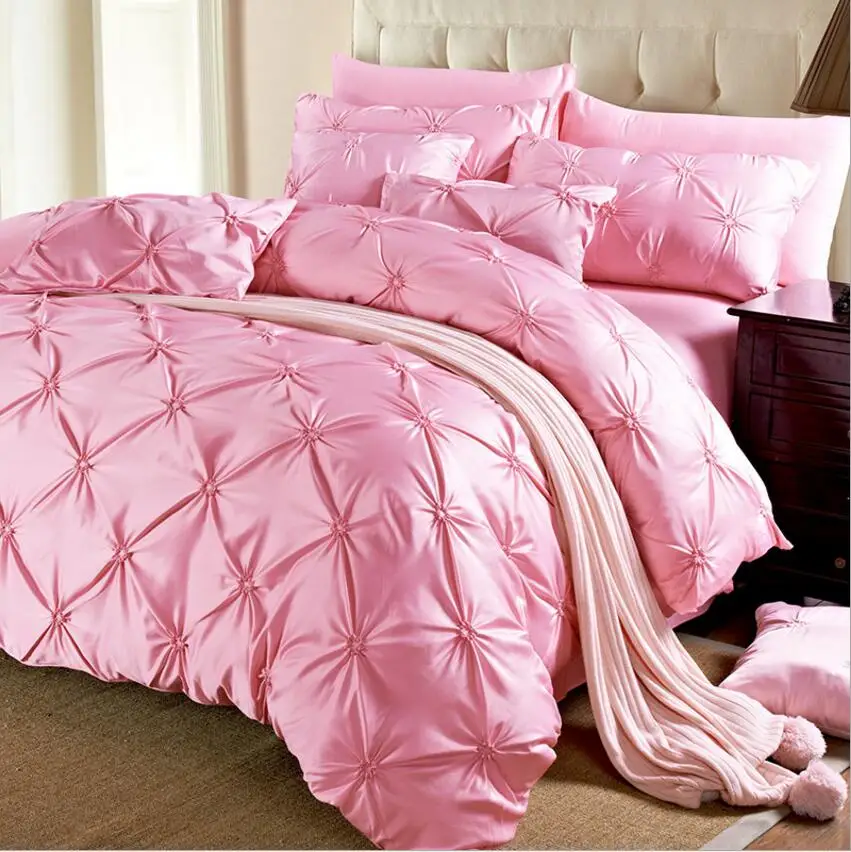 

Pink Pinch Pleat Home Textile Bedding Sets 4/6PCS Solid Color Bed Cover Imitated Silk Princess Duvet Cover Bed Sheet Cotton