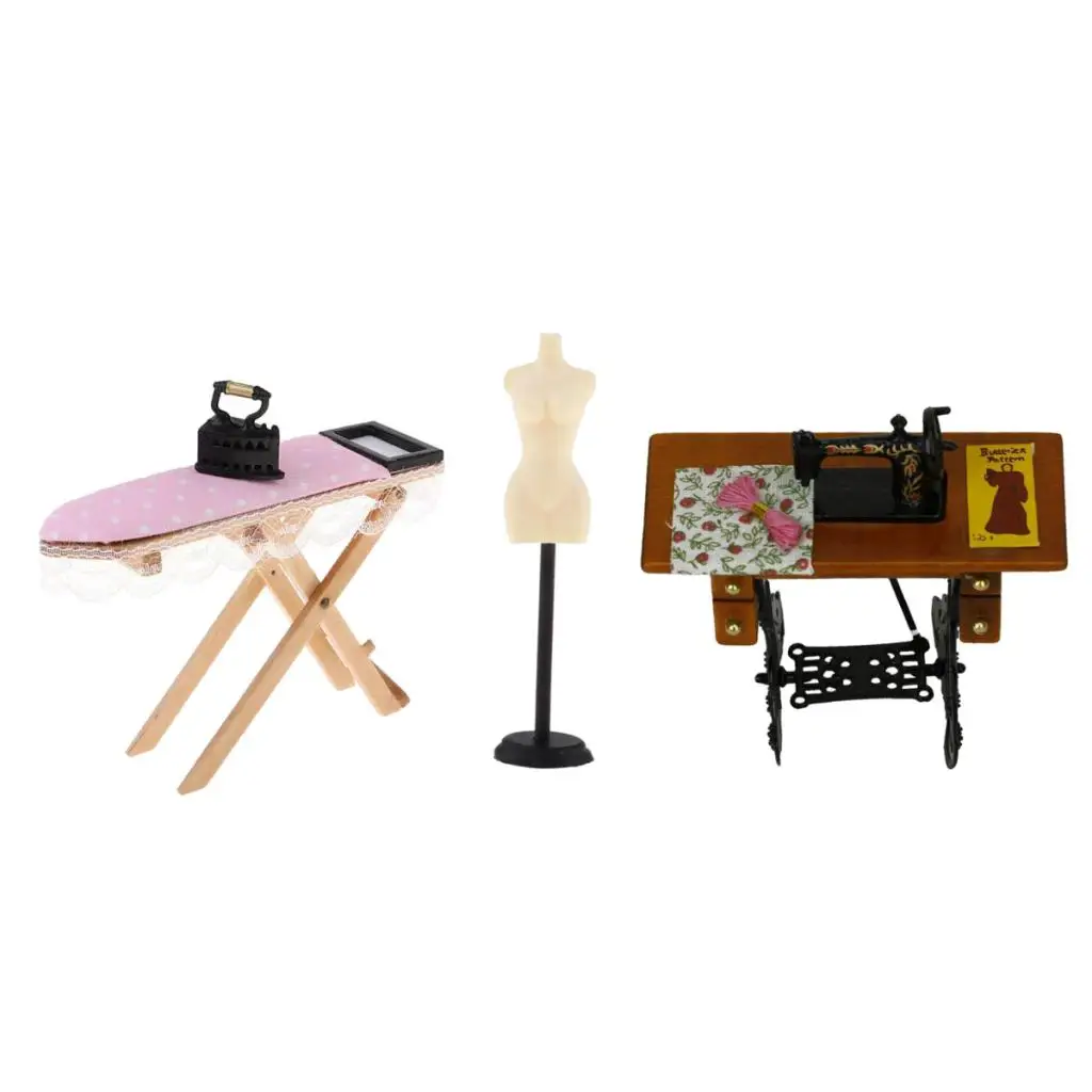 3pcs Dollhouse Miniature Ironing Board, Sewing Machine & Mannequin Model Stand Pretend Play Furniture Toys