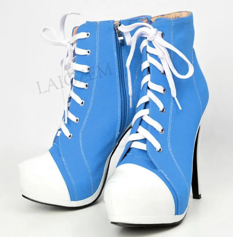 LAIGZEM/парусиновые женские ботинки на платформе; Botines Mujer; короткие ботильоны на высоком каблуке с боковой молнией; женская обувь; большие размеры 34-52 - Цвет: LGZ489 Blue