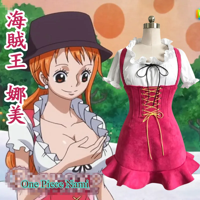 

Anime! One Piece Nami Lovely Sweet Dress Uniform Cosplay Costume For Women top+slip dress+bowknot Free Shipping