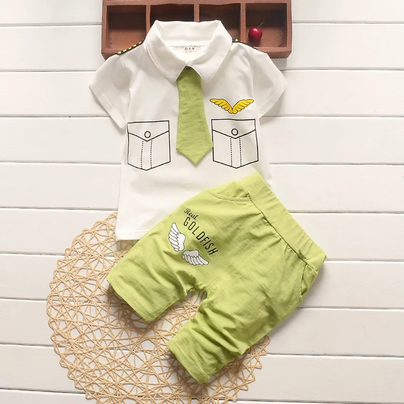 

2018 New born baby boys summer pilot clothing sets cotton 2017 new kids clothes tie gentleman outfits child short sleeve tops