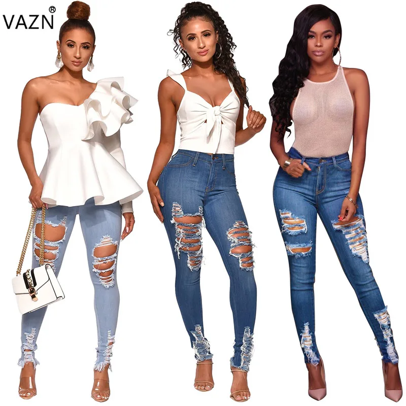VAZN 2019, Новое поступление, женские джинсовые брюки, однотонные, тонкие, значительно выше, с дырочками, Джокер, длинные узкие брюки ME281
