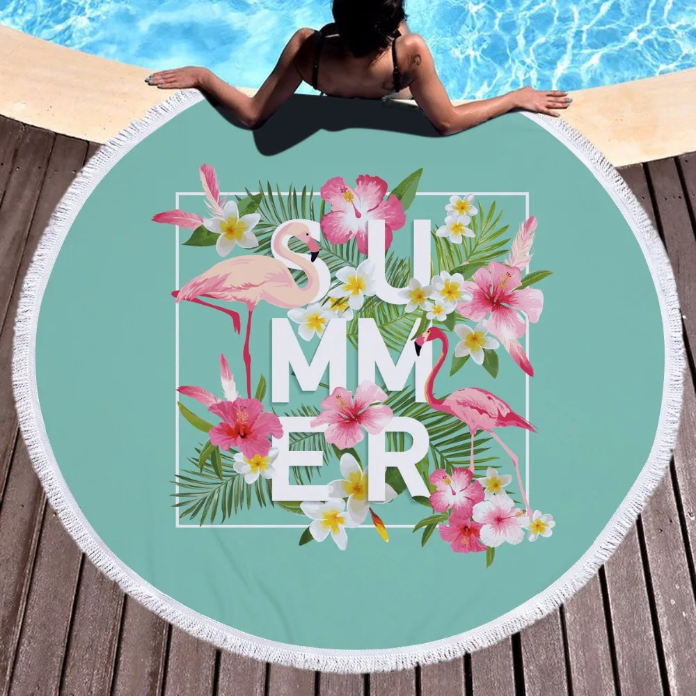 

2019 summer Flamingo Microfiber Round Large Beach Towel Blanket with Tassel Bohemian Picnic Yoga Mat