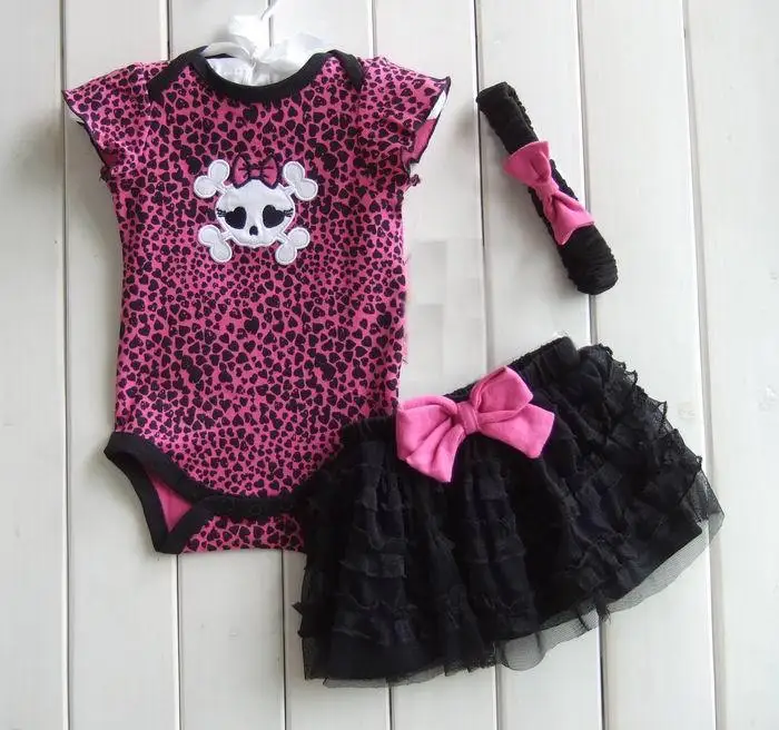 Skull Summer Infant Kids Girls Clothing Sets Bodysuits +Tutu Skirt + Headband  3 Piece Suits Leopard Baby Girl Clothes warm Baby Clothing Set Baby Clothing Set
