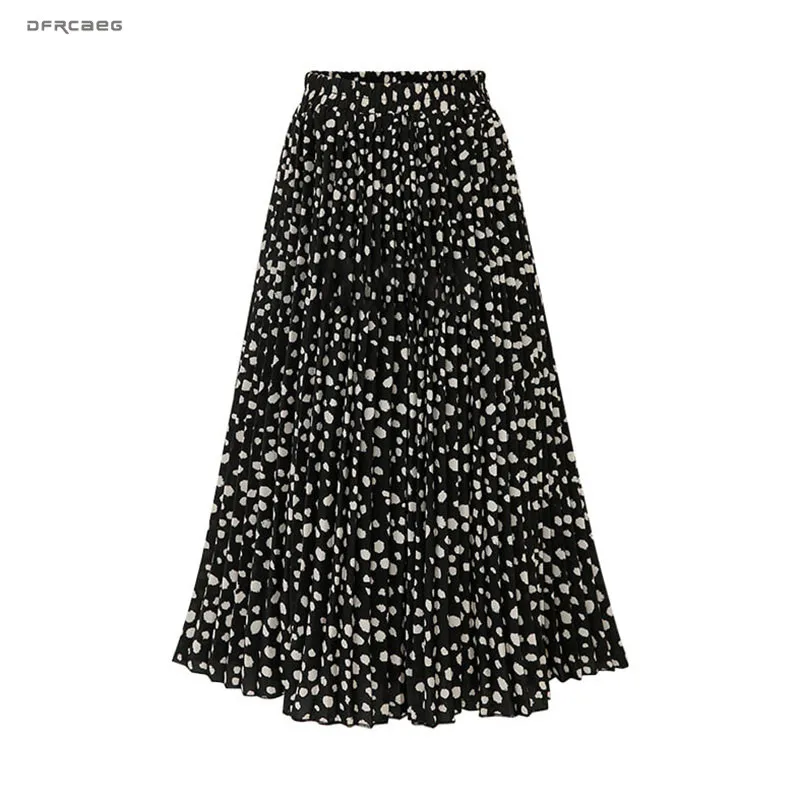 

Black Polka Dot Print Pleated Skirt For Women 2019 Summer Elastic Waist Ladies A-Line Skirts FemmeBeach Saia Midi