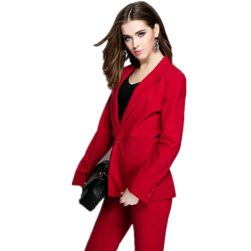 Women Pant Suits High Quality Custom Red Slim Suit Office Ladies Work