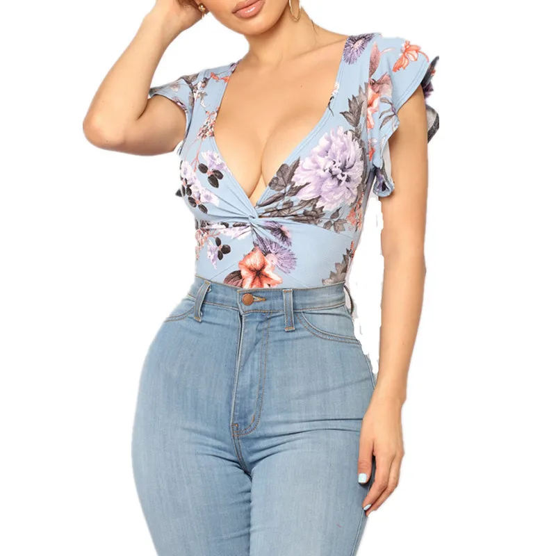 Deep V Neck Printed Short Sleeve Playsuits