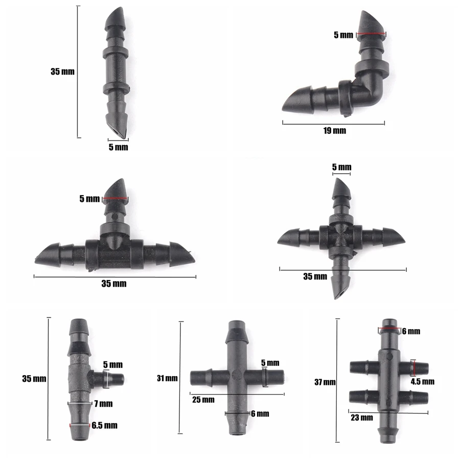 50pcs 8Kinds 3/5mm Garden Hose Connectors Micro Drip Irrigation System Water Hose Tee Pipe Splitters Hose Plug Water Connectors