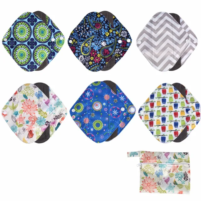 1PCs Washable Wet Bag + 6PCs Reusable Bamboo Cloth Sanitary Menstrual Pads Panty Liner Towel Pad For Women Feminine Hygiene Care